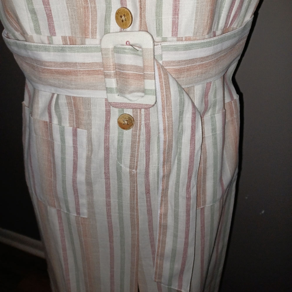 Stripped, single strapped jumpsuit, ankle length, cuffed legs, belt, pockets MED - Picture 4 of 6